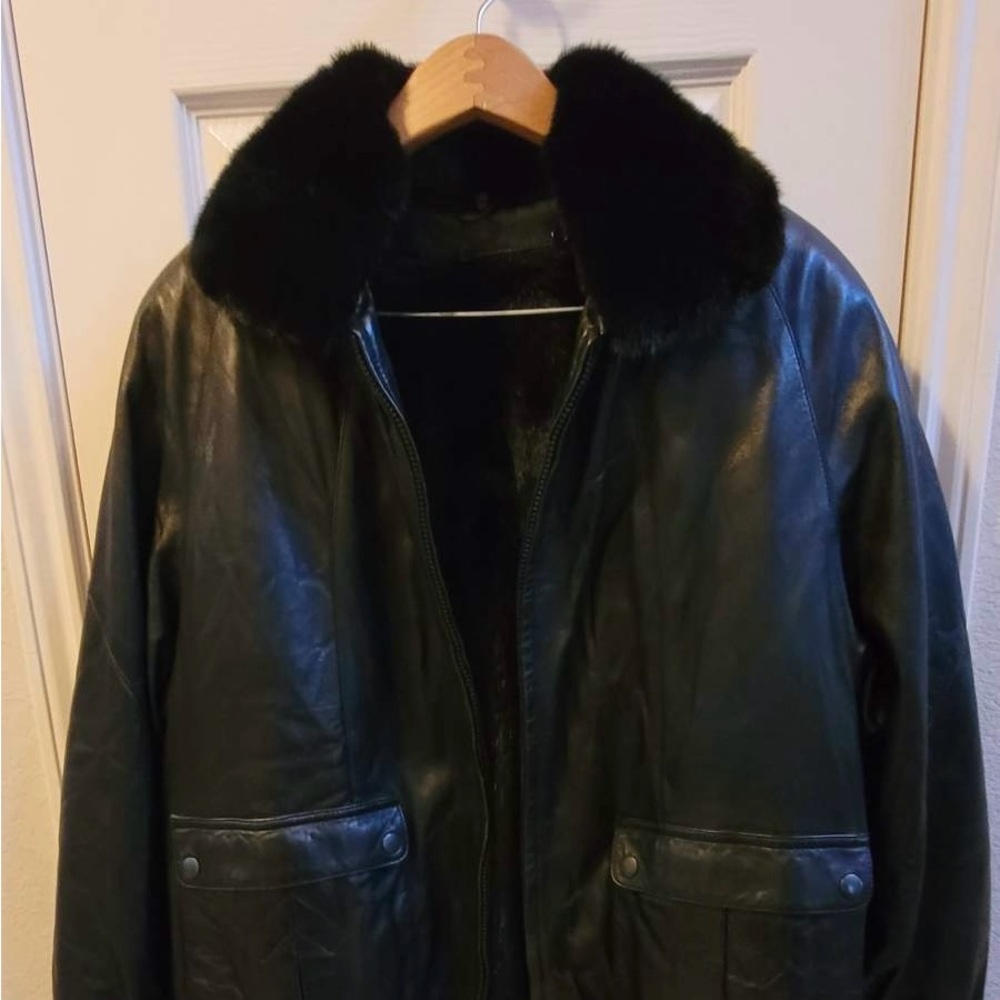 Men's Black Leather Jacket with Fur Collar